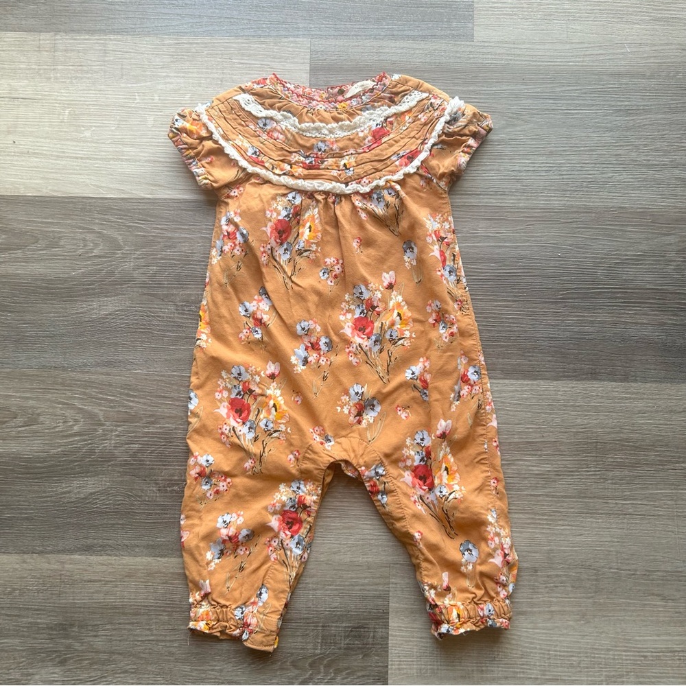 Matilda Jane Girls' Floral Mustard Romper with Lace Trim. 6-12 months